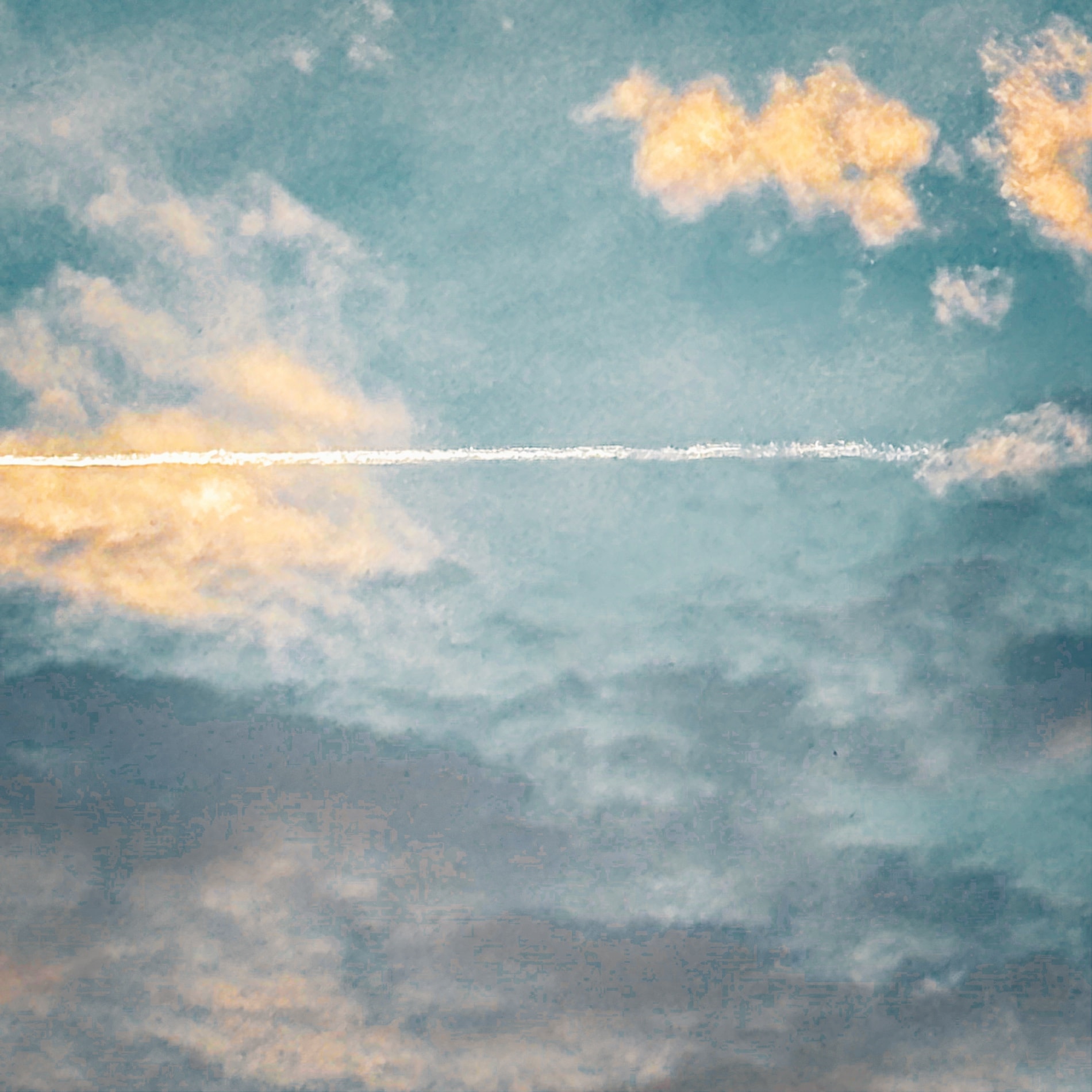 A single contrail cutting a watercolour-textured sky