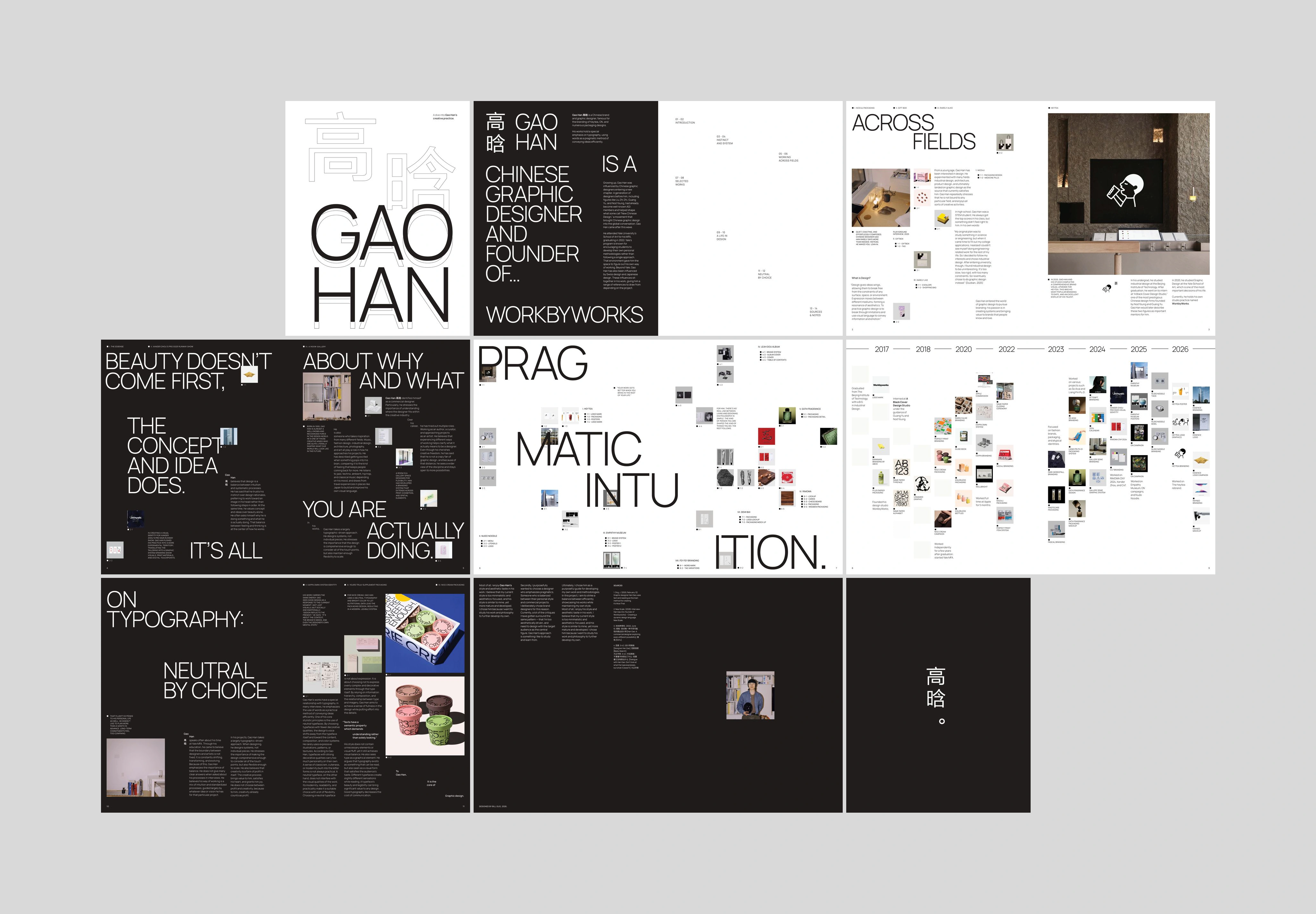 All nine booklet spreads laid out together — cover, seven spreads and the back cover