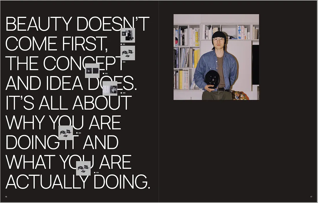 Booklet spread exploration 1: 'Beauty doesn't come first' in a single sans