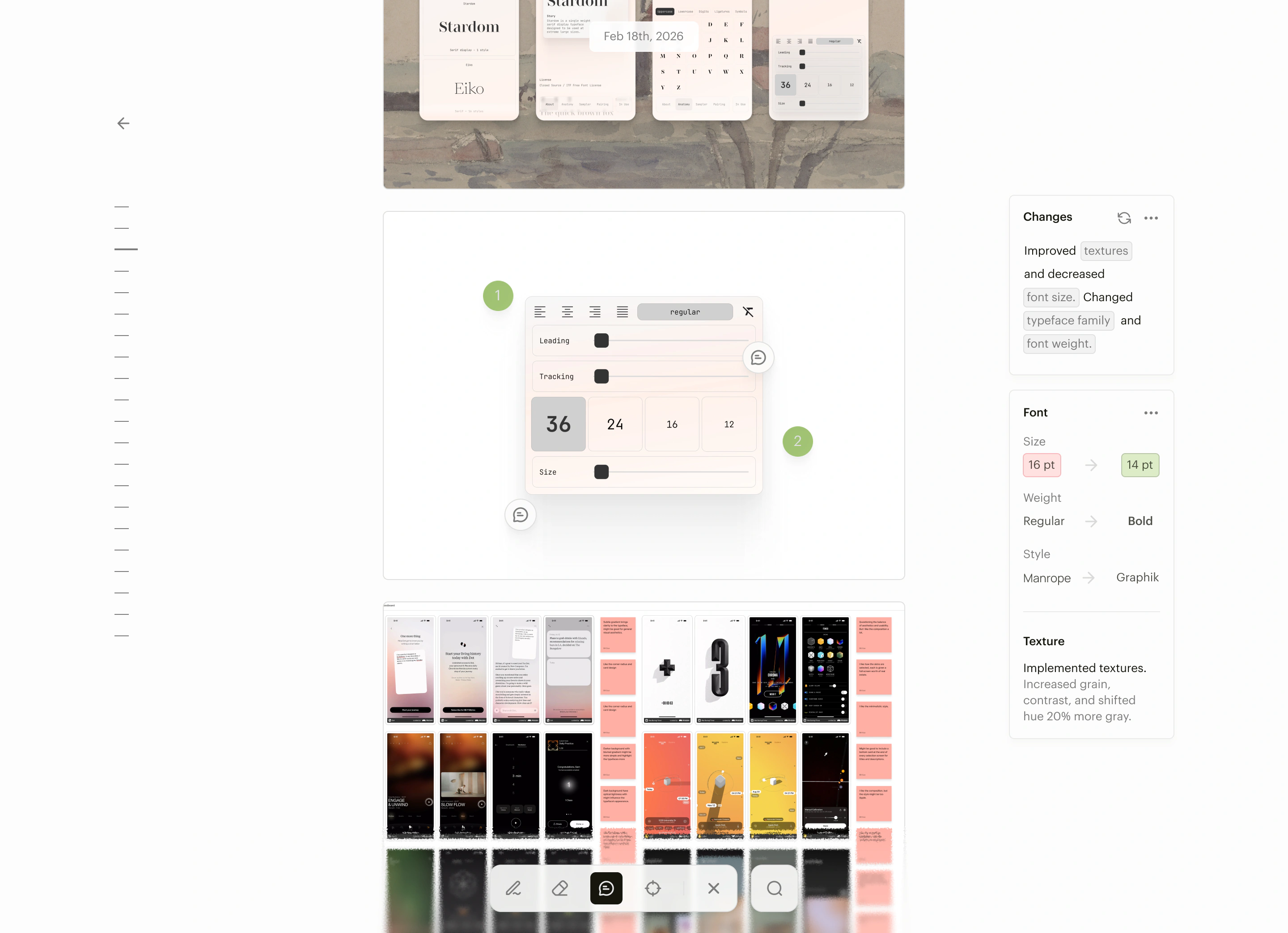An iteration with its tracked changes: font size, weight, typeface, texture