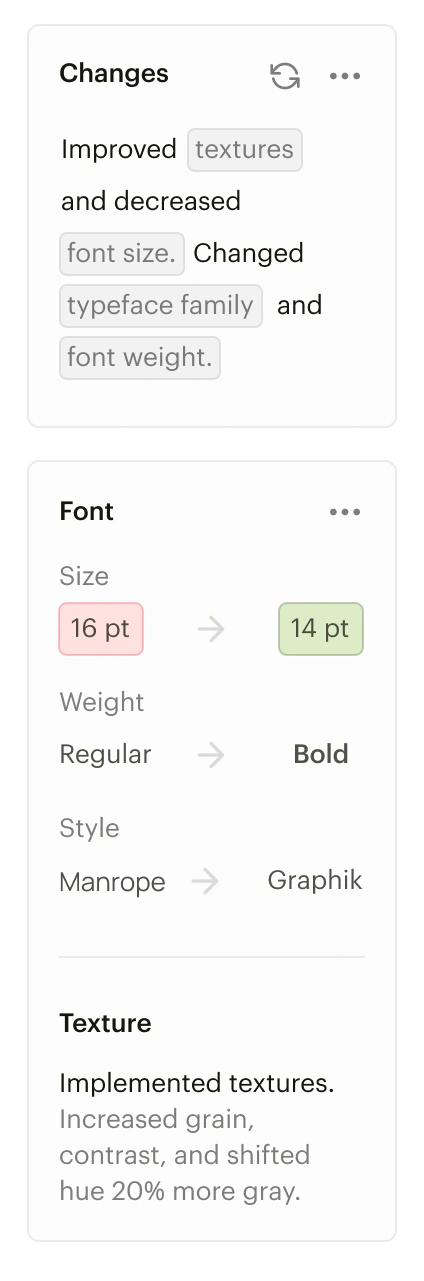 The Changes sidebar: font size 16pt to 14pt, weight Regular to Bold, typeface Manrope to Graphik, and a texture note