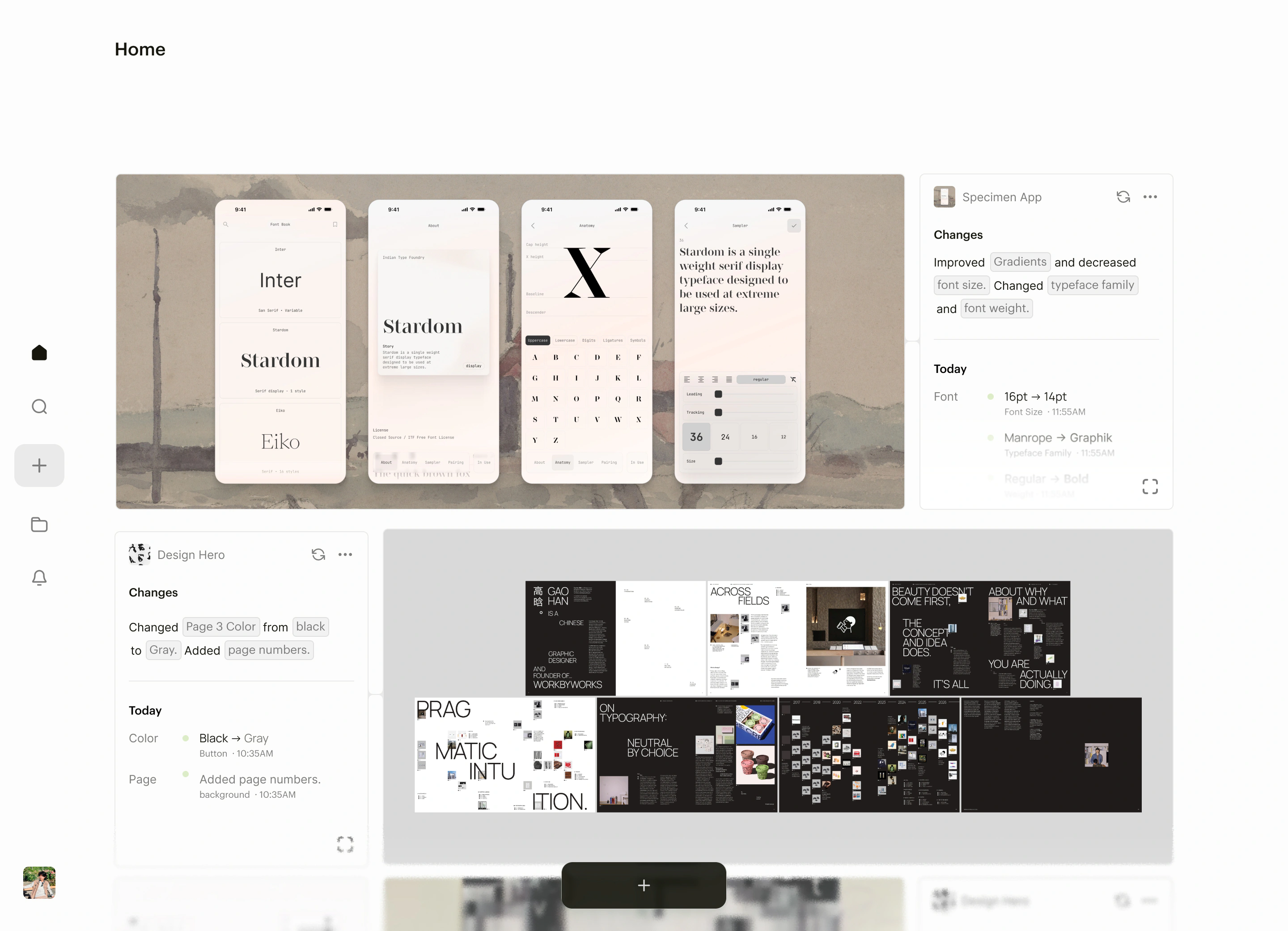 The NCS home feed: a type specimen app and the Design Hero booklet spreads, each beside its written changelog
