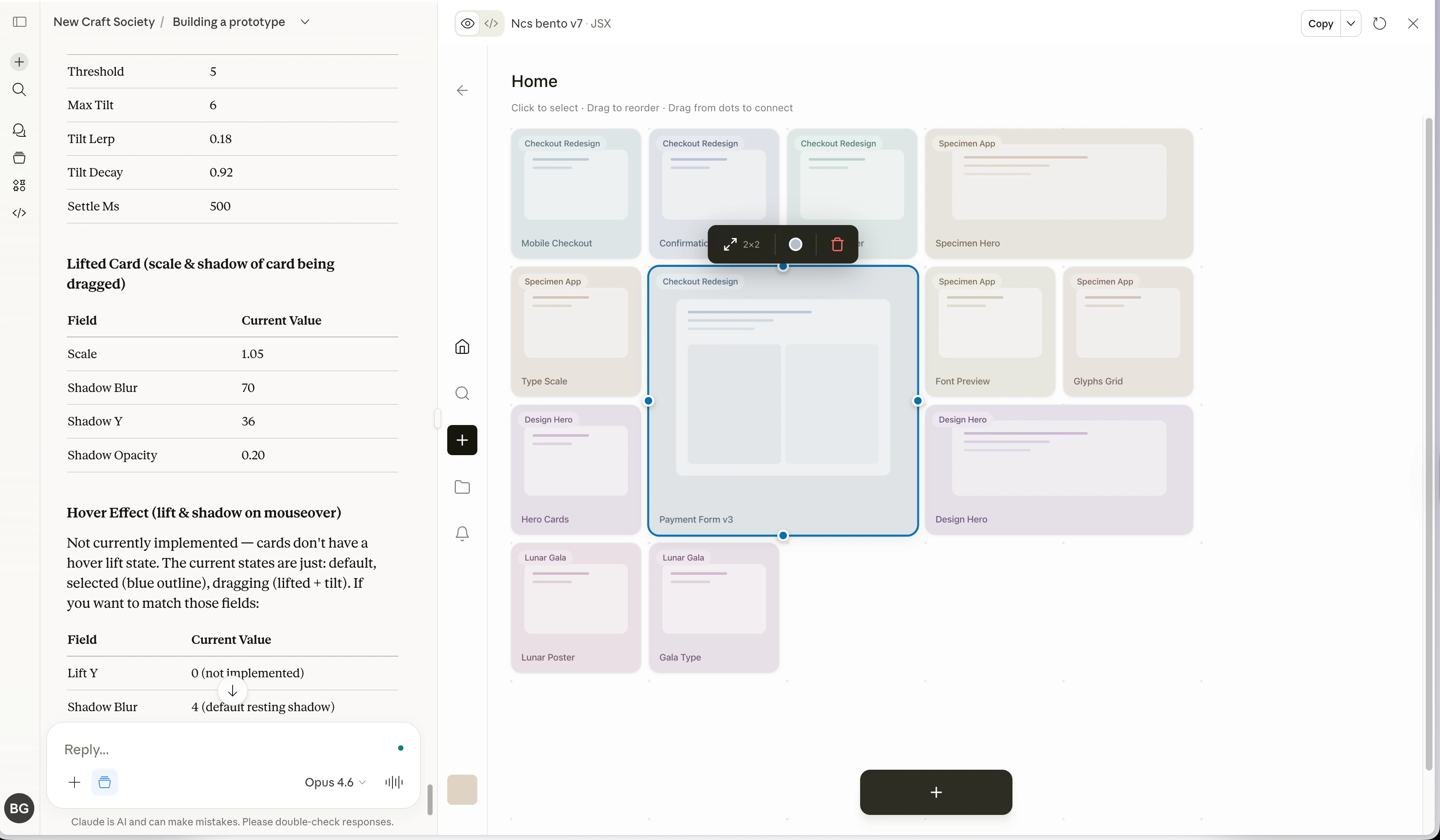 The same project as a coded prototype, built in a Claude chat