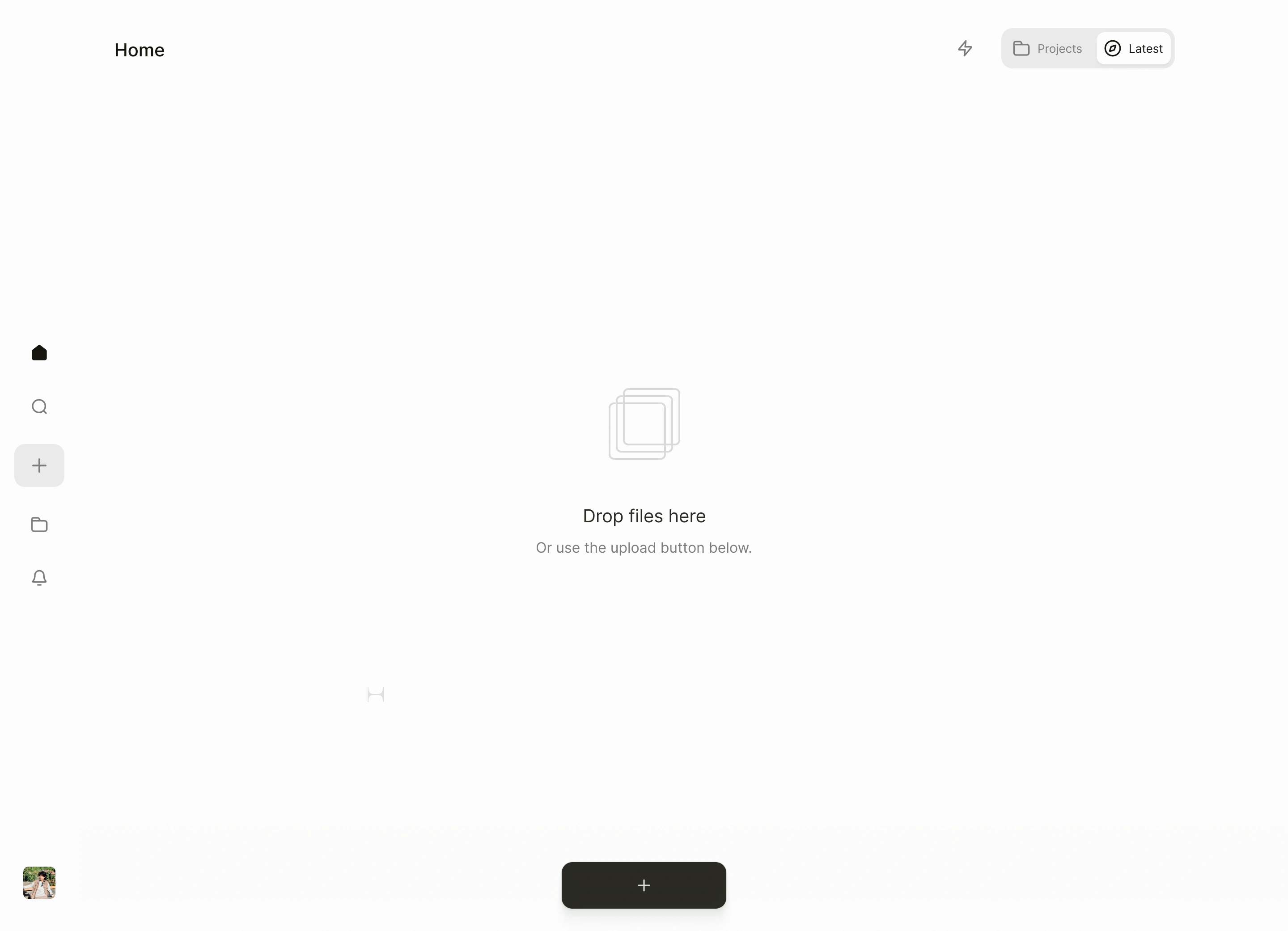 An empty home feed: drop files here, or use the upload button